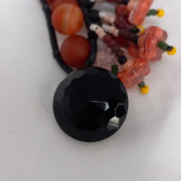 Woven Bracelet, Pink/Brown Agate with Fringe, Flowers, Antique Mourning Button - Picture 5 of 8